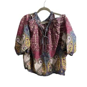 Umgee Plus 2XL Boho Cold Shoulder Paisley Patchwork Bubble Hem Top Cotton Blend